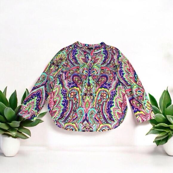 Talbots V-Neck Multicolor Floral Paisley Print Blouse Top Women's Size Petite P - Picture 1 of 7